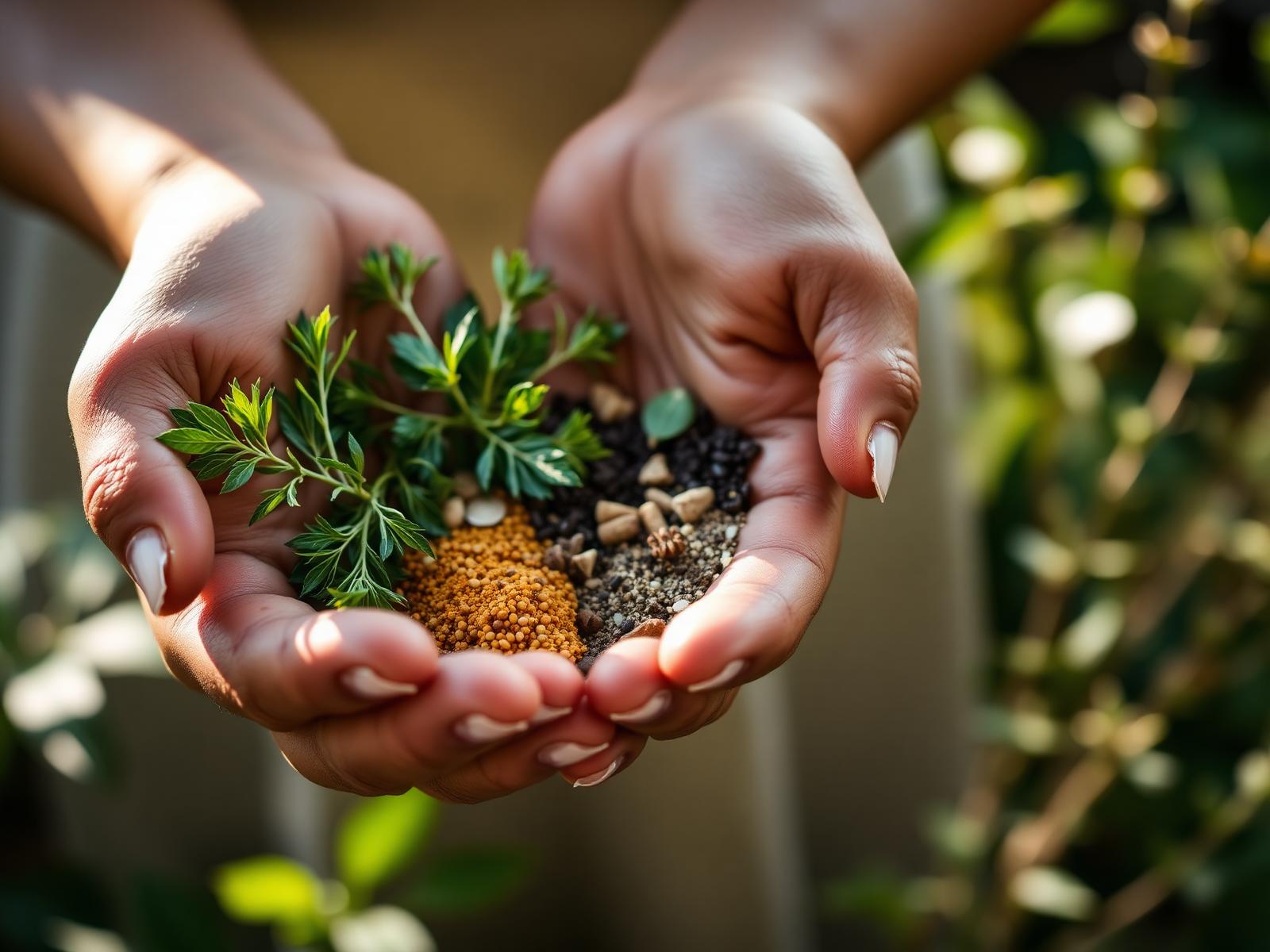 Hands holding natural herbs and spices